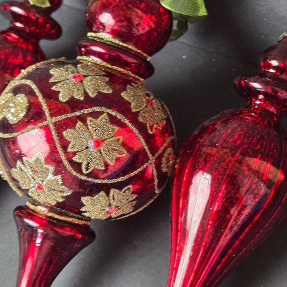 Frontgate Set of 3 Red Glass Finial Christmas Ornaments 8" Gold Glitter Accents - Picture 8 of 11